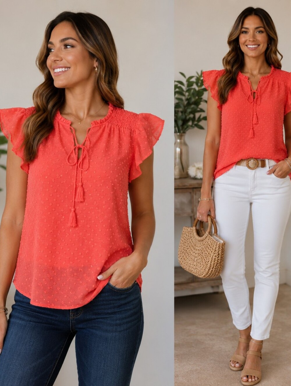 CeCe Coral Swiss Dot Flutter Sleeve Tie Neck Blouse